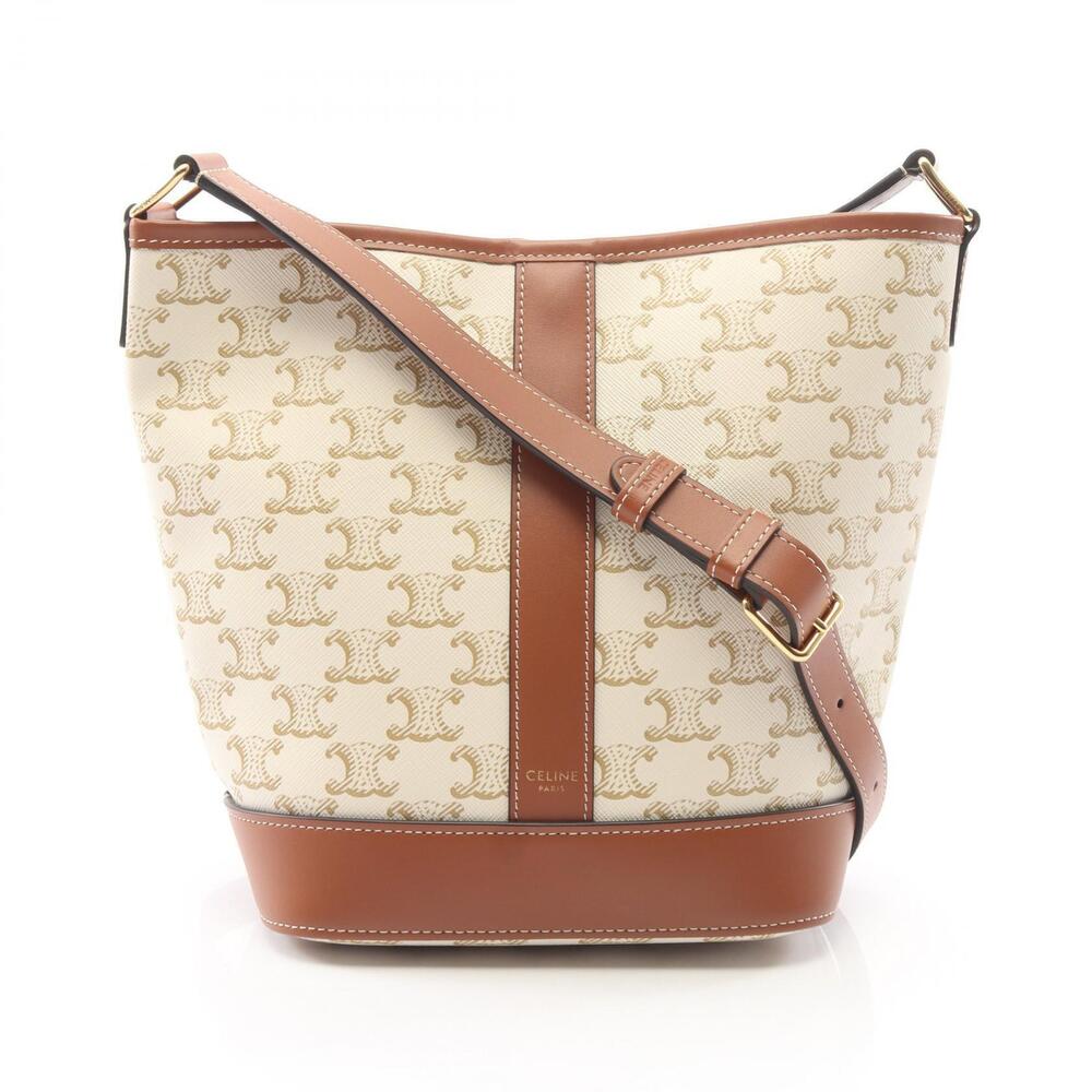 Celine Bucket Triomphe Shoulder Bag Canvas Leather White Brown